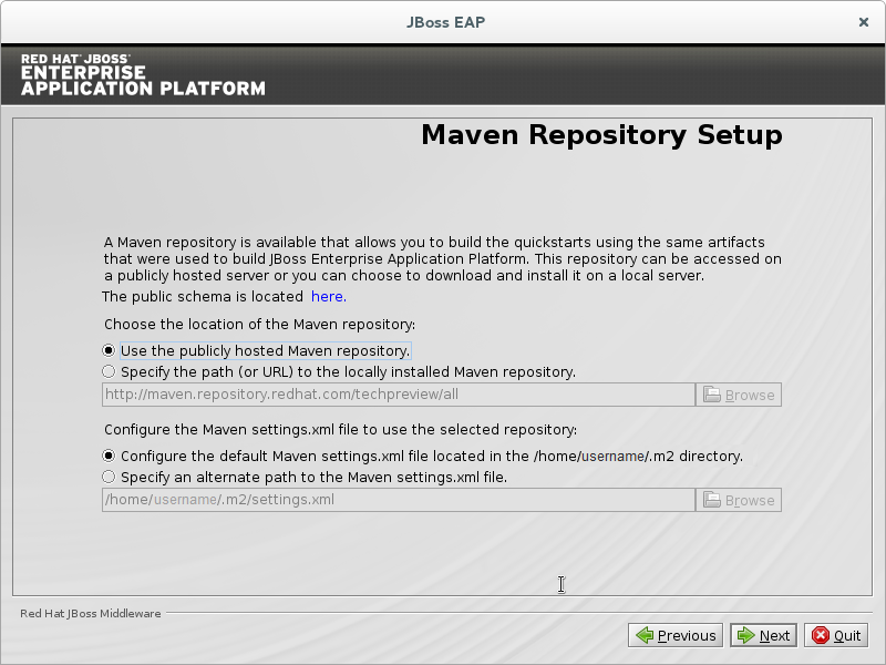 Anhang A. Bildschirmfot o Inst allat ionsprogramm Abbildung A.7. JBoss EAP Installationsprogramm: Einrichten des Maven-Repository A.8.