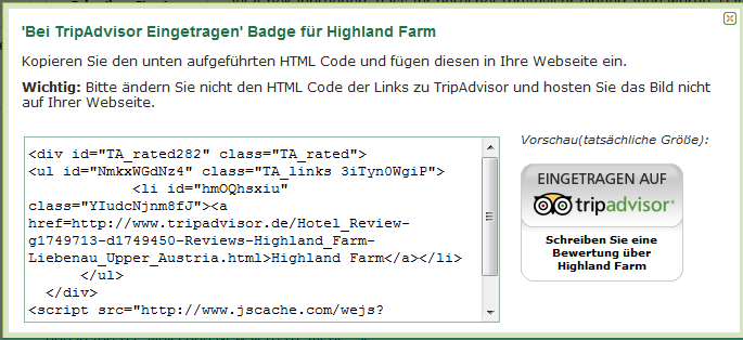 Badge Es öffnet sich ein Fenster, wo ein HTML-Code angeführt ist.