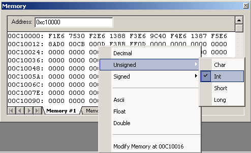 Memory Window Nachdem der Debugger aufgerufen wurde, können auch Speicherbereiche angezeigt und verändert werden (Menüleiste: View /Memory Window siehe Bild 17).