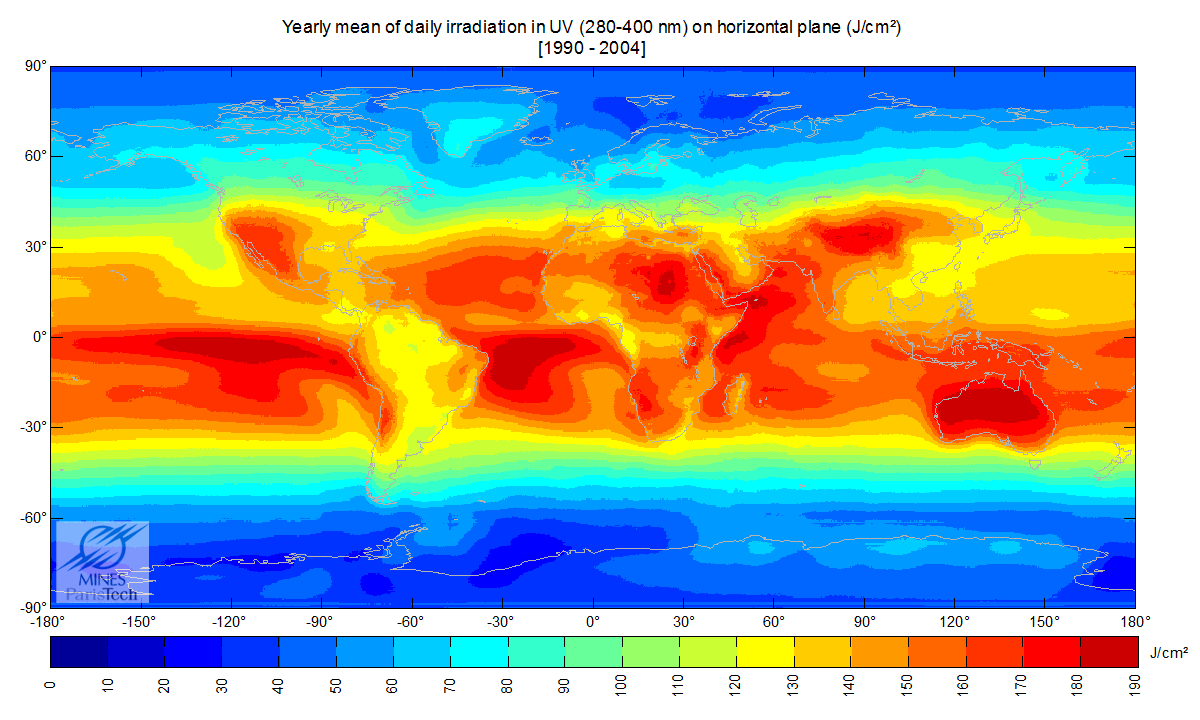 Weltweite Sonneneinstrahlung - 25 - Quelle: SoDa Solar Energy