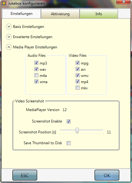 Erweiterte Einstellungen Video Screenshot Media Copy - ScreenShot Enable : Aktivieren des Vorschaubildes Kopieren einer Media Datei in ein selektiertes - ScreenShot Verzeichnis Position : Position
