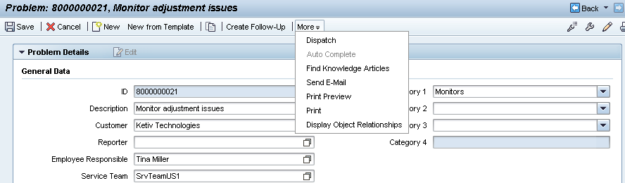 Problem Details (2) In the problem you have access to Dispatch Auto Complete Find Knowledge Articles Send E-Mail Print / Print Preview Display Object Relationships You can create a problem from