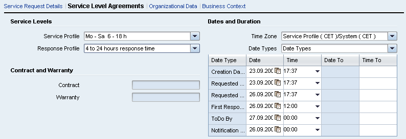 SLA Determination and Date Calculation Service and response profiles can be assigned to several SLA-relevant objects, such as contracts, products, objects, installed bases, and sold-to parties.
