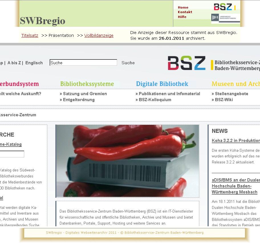 Das archivierte Objekt Archivierte Webseiten haben in SWBregio den sogenannten Roten Balken (eigentlich ein grüner Balken),