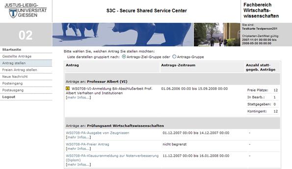 JLU Gießen Fachbereich Wirtschaftswissenschaften S3C Secure Shared Service Center 10 / 21 Um einen Antrag an das Prüfungsamt zu stellen, klicken Sie in der Menue-Spalte auf den Punkt Antrag stellen
