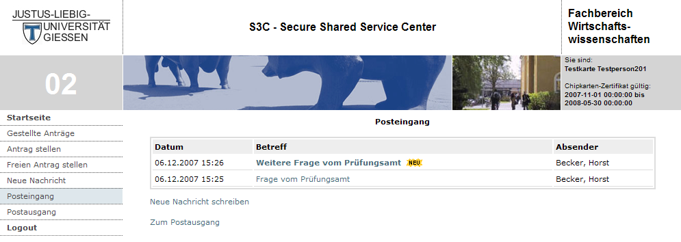 JLU Gießen Fachbereich Wirtschaftswissenschaften S3C Secure Shared Service Center 19 / 21 Nachricht selbst, sondern nur die Information, dass Sie im S3C nachschauen sollten, was Ihnen zu einem Antrag