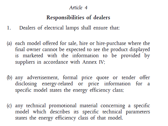 Verpflichtungen für den Handel Artikel 4 der EU Verordnung 874/2012 regelt die
