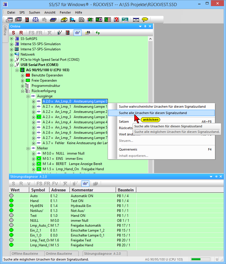 Seite 3-46 S5 für Windows Online Funktionen Kapitel 3 Rückverfolgung Online Baumstruktur Die Operandenrückverfolgung kann auch aus dem Fenster Online Baumstruktur heraus gestartet werden.