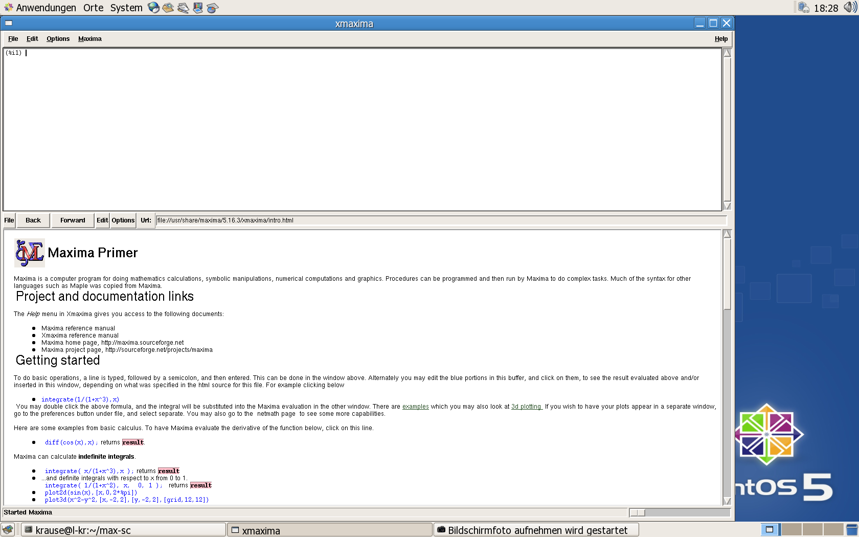 4.2 Programmstart Abbildung 4.7: Maxima-Hauptfenster mit Dokumenten-Browser 4.2.2 Programmstart unter Linux In einem Terminalfenster wird 1 xmaxima & eingegeben.