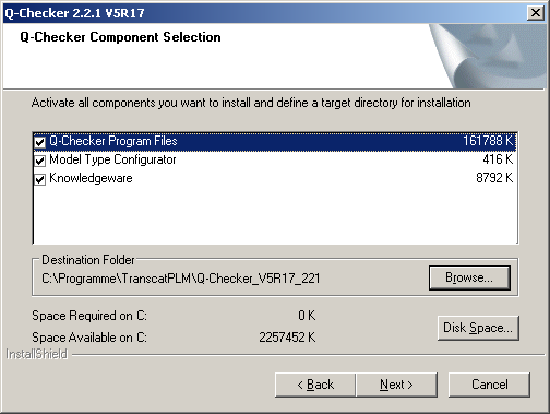 Installation unter Windows mit dem Installationsprogramm 5 Wenn Sie Custom gewählt haben: Wählen Sie die zu installierenden Komponenten: Q-Checker program files : Q-Checker-Hauptanwendung Model type