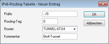 IPv6 23. Wechseln Sie in das Verzeichnis IP-Router > Routing. 24. Öffnen Sie die IPv6-Routing-Tabelle und klicken auf Hinzufügen. 2. Vergeben Sie als Präfix den Wert "::/0". 26.