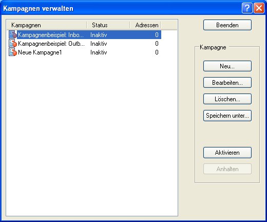 166 Erste Schritte Eine Kampagne aktivieren Damit Sie einer Kampagne Adressen zuweisen können, muss sie aktiviert werden. Klicken Sie die Kampagne und dann Aktivieren an.