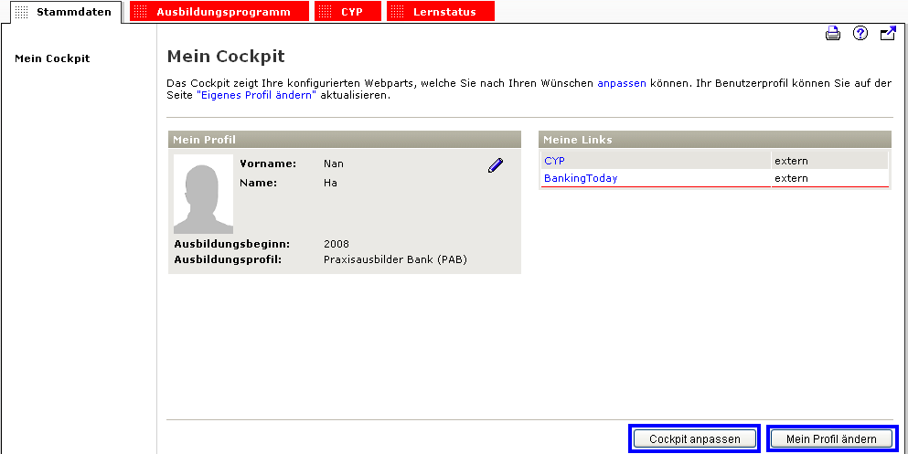 3 Funktionen für Studierende 3.1 Mein Cockpit Wählen Sie «Stammdaten» und «Mein Cockpit».