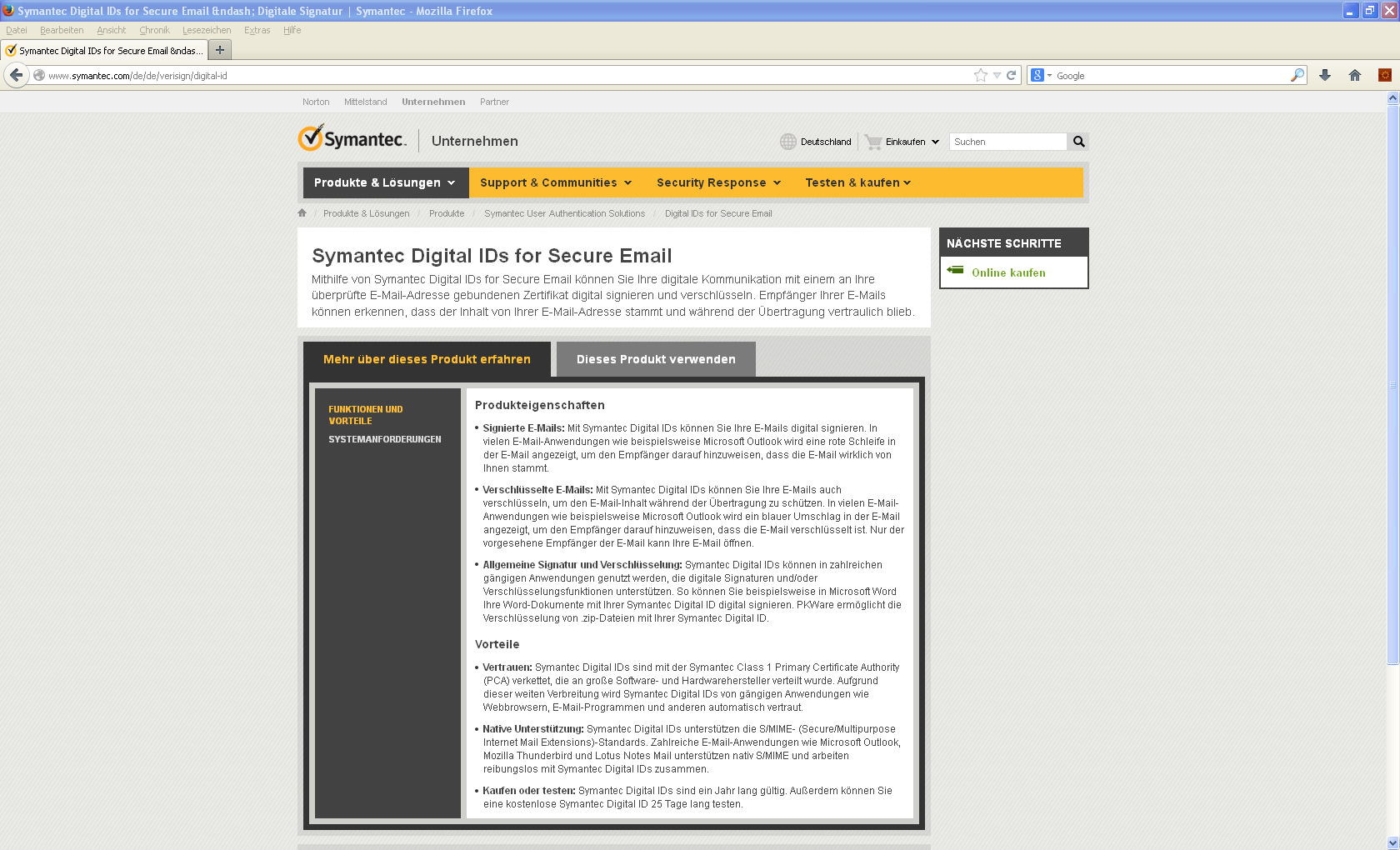 Bei den folgenden Erläuterungen und Screenshots wird als Beispiel das Zertifikat Digital ID von Symantec genutzt.