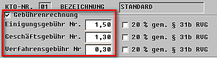 Im Bereich der Gebührenrechnung werden die zu berechnenden Gebühren so dargestellt, wie sie in den Parametern des Programms Mahnverfahren und Zwangsvollstreckung im Bereich Massnahme- Kennzeichen zum