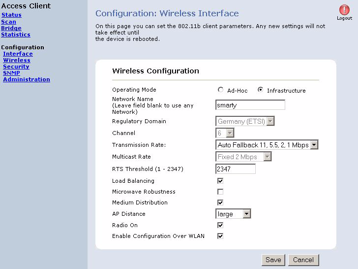 Die Benutzeroberfläche des ComPoint im AC-Modus Configuration: Wireless Wireless Configuration Hier werden die WLAN Parameter des ComPoint Workgroup eingestellt.