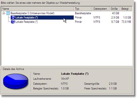 Falls Sie ein komplexes Archiv haben, wählen Sie das gewünschte Objekt zur Wiederherstellung aus; in unserem Fall ist es die erste Partition der Festplatte. 7.