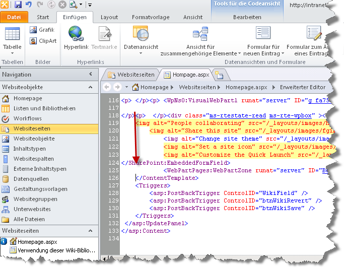 7. Führen Sie in der Ansicht Code einen Bildlauf nach unten durch, und platzieren Sie den Cursor vor dem Endtag </ContentTemplate> (direkt hinter dem Endtag WebPartPages:WebPartZone) Abbildung 18 -