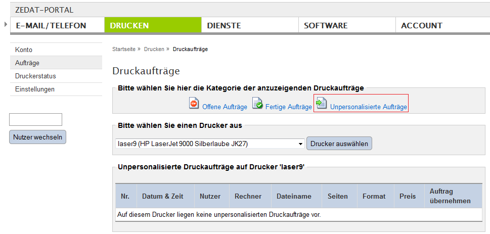 Sämtliche nicht-personalisierten Druckaufträge sehen 4 Personalisierung Viele Nutzer melden sich mit einem Account am Rechner an, der von der ZEDAT vergeben wurde (diverse PC-Pools,