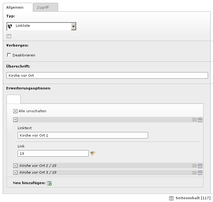 2.7 Footer-Navigation Zum Hinzufügen einer Linkliste in der Footer-Navigation, wählen Sie in der Spalte Footer-Navigation das Inhaltselement Linkliste aus.