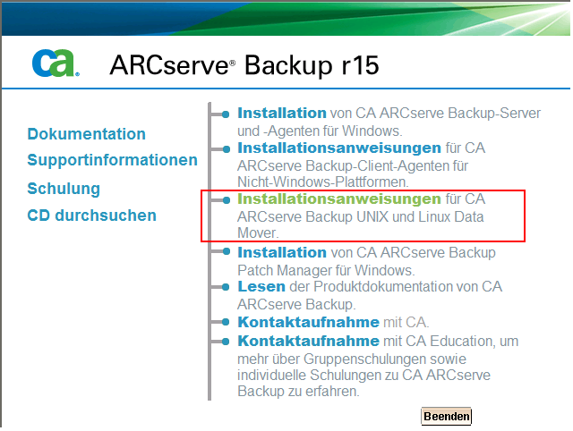 Installieren von CA ARCserve Backup-UNIX- und Linux-Data Mover Datei "Installationshinweise" Bei der Datei "Installationshinweise" handelt es sich um eine HTML-basierte Version der in diesen Handbuch