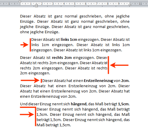 2.4.2.5 Absätze einziehen: links, rechts, Erstzeileneinzug Welche Einzüge gibt es? Um einen Einzug zu erstellen, setze zuerst den Cursor durch einen Mausklick in den Absatz.