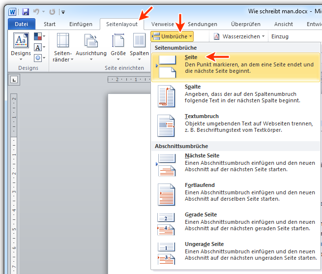2.10.4 Seitenwechsel in einem Dokument einfügen Register Seitenlayout Gruppe Seite einrichten Umbrüche Seite Seitenwechsel in einem Dokument entfernen: Mit bloßem Auge kann man einen Seitenwechsel