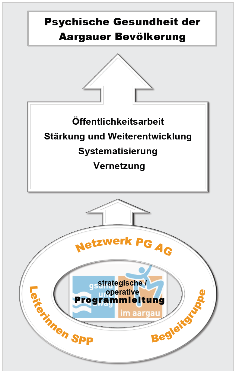Die folgende Abbildung gibt einen Überblick über den Aufbau des Schwerpunktprogramms. Die psychische Gesundheit der Aargauer Bevölkerung wird direkt (z.b. Veranstaltung für die Öffentlichkeit) oder indirekt (z.