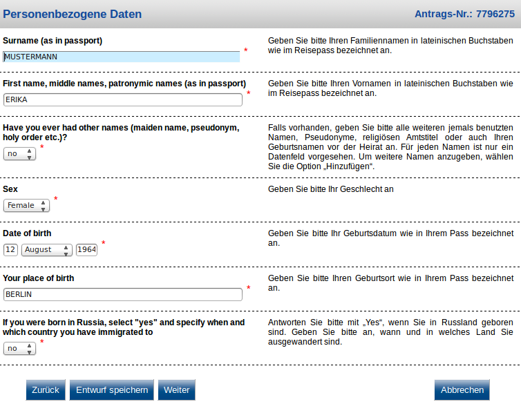 Visaantrag Seite 2 Bitte geben Sie Ihren Nachnamen und Vornamen so an, wie er in der