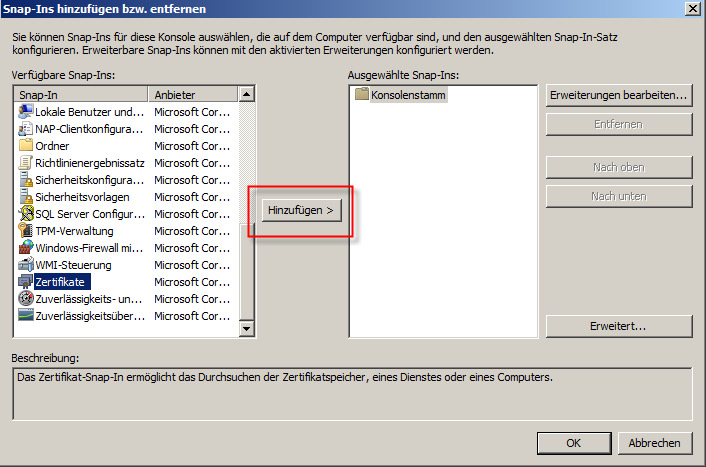 Öffnen Sie hierfür den Konsolenstamm über Start Ausführen Text "mmc" im Feld «Öffnen» erfassen und mit Klick auf «OK» bestätigen.