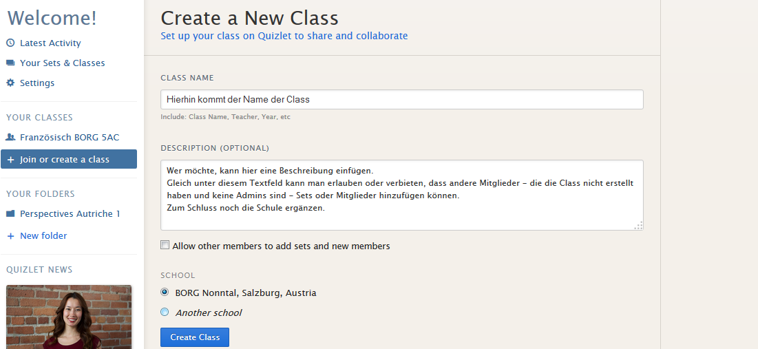 3. Erstellen einer Class. In diese kann man Schüler einladen und mit ihnen dort Sets teilen wenn gewollt, können auch Schüler diese anlegen oder bearbeiten.