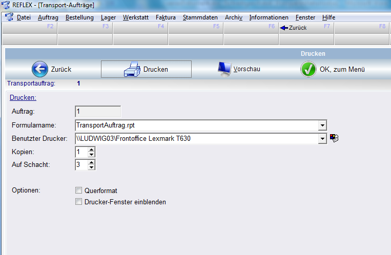 2.2.2 Transportauftrag drucken REFLEX-MultiLager 13 Von den verschiedensten Programmteilen aus kann man einen Transportauftrag drucken, z.b. im Fenster Transportauftrag bearbeiten.