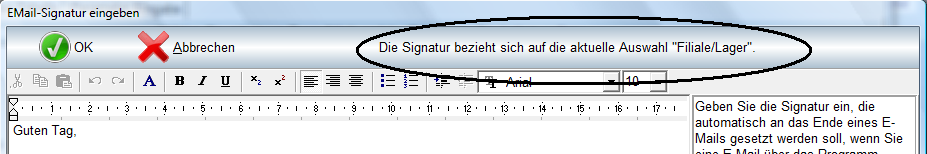 REFLEX-MultiLager 36 6.5 E-Mail Signaturen bei MultiLager Die Signaturen werden nun für jede Filiale einzeln gespeichert, damit man individuelle Texte für jede Filiale speichern kann.