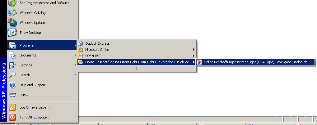 Abbildung 13: Java Web Start Verknüpfung via Menü Wenn Sie die Verknüpfung zum OBA-Light als Bildsymbol - wie oben beschrieben - auf dem Desktop erstellt haben, können Sie den OBA-Light durch