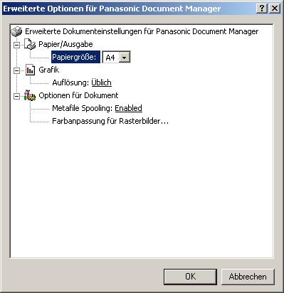 Image Converter Windows 2000/XP 1. Klicken Sie im Start-Menü auf Einstellungen und Drucker. 2. Klicken Sie mit der rechten Maustaste auf Panasonic Document Manager und wählen Sie im Kontextmenü den Menüpunkt Druckeinstellungen aus.