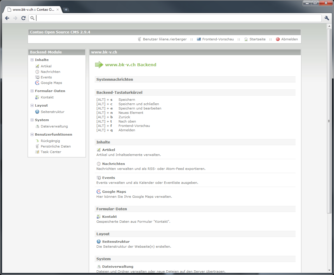 Login und Startseite des Contao CMS 2011