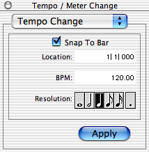 So fügen Sie ein Tempo-Event ein: 1 Wählen Sie Windows > Show Tempo/Meter. 2 Wählen Sie im oberen Bereich des Tempo/Meter Change-Fensters aus dem Popup- Menü die Tempo Change-Option.