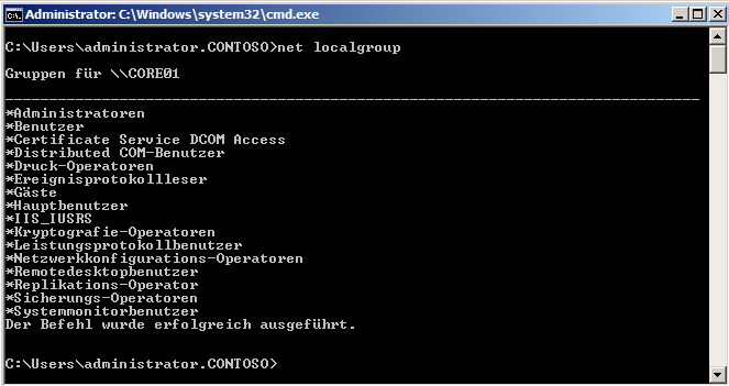 58 Kapitel 2: Erste Schritte und Server Core Gruppenmitgliedschaften in der Befehlszeile konfigurieren Nehmen Sie einen Server in die Domäne auf, wird die Domänengruppe der Domänen-Admins automatisch