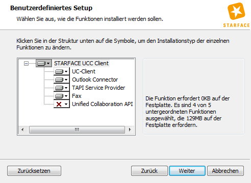 Abbildung 2 - Beginn der Installation des UCC Client Im benutzerdefinierten Setup, das darauf folgt, kann ausgewählt werden, welche Komponenten des UCC Clients für Windows installiert werden sollen.