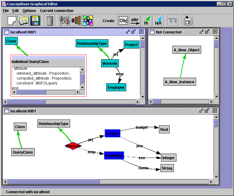 6.5 Systemunterstützung für das Qualitätsmanagement in einem DW-System 173 Abbildung 6.14: Graphische Benutzerschnittstelle von ConceptBase umgewandelt.