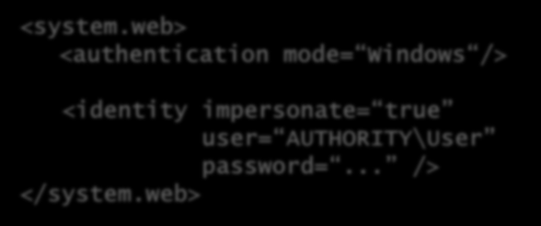 Trusted Subsystem Konfiguration: IIS: Application Pool Identity, Windows Auth. oder Web.config: Impersonation, Windows Auth.