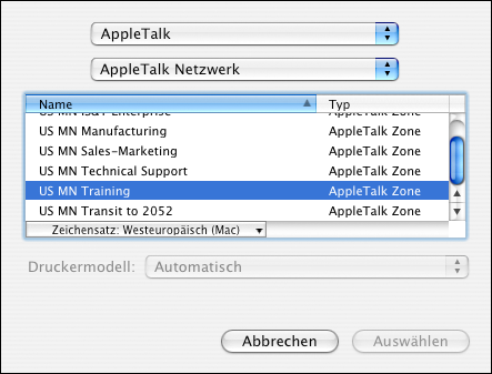 EINRICHTEN DER DRUCKFUNKTIONALITÄT UNTER MAC OS X 11 4 Standard-Browser: Markieren Sie in der Liste Druckername den Fiery Controller mit dem Verbindungstyp AppleTalk.