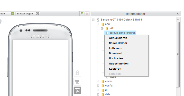 Abb. 8 Dateimanager Übersicht Sie können nun per rechtem Mausklick verschiedenen Operationen im Dateimanager ausführen: Dateien aktualisieren, einen neuen Ordner anlegen, die Datei löschen,