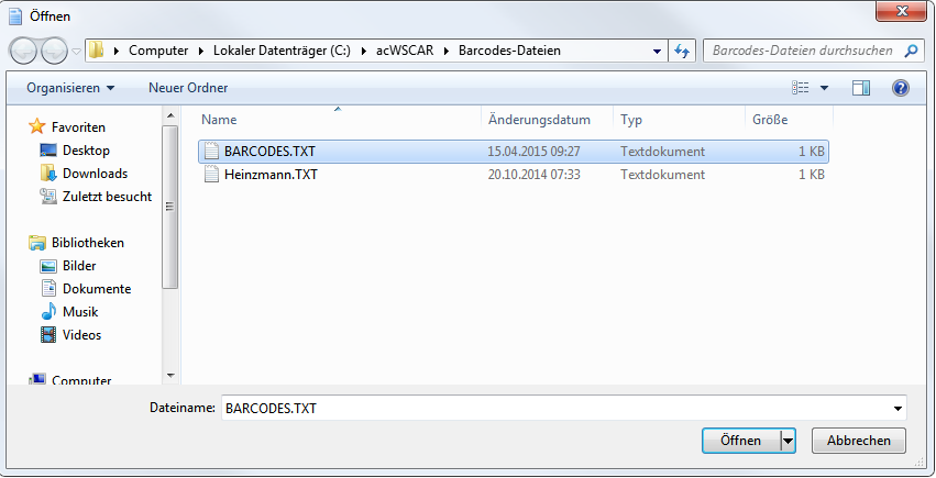 Nun öffnet sich ein Windows-Explorer-Fenster um die BARCODES.TXT Datei zu öffnen. Der Pfad des Verzeichnisses wird vom WSCAR je PC hinterlegt. Das bedeutet, dass es beim 2.