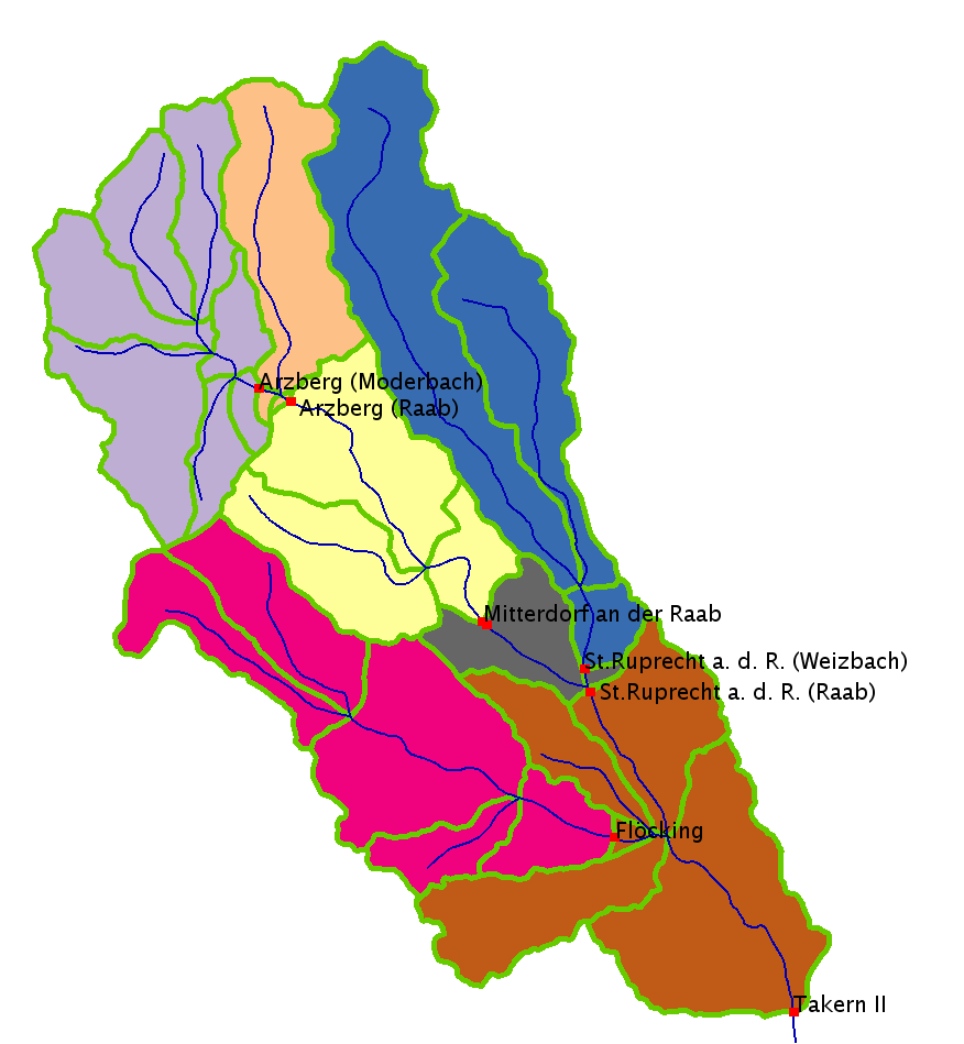 Modellbildung und Funktionalitäten 4.5 Räumliche Gliederung Als Grundlage der Einzugsgebiete wird der Hydrologische Atlas Karte: 7.