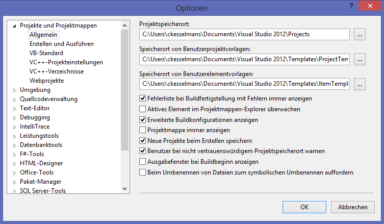 Visual Studio Einstellungen Beim erstmaligen Starten von Visual Studio 2012 ist die Entwicklungseinstellungen auf Visual Basic einzustellen.