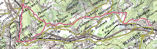 Distanz: 25 km Gehzeit: 7 Std. Höhenmeter: 490 m 570 m Verkehrsverbindungen: Regionalzüge Bludenz Feldkirch Rankweil. Buslinie 73 Bludenz Feldkirch am Talgrund; Linie 75 Schnifis Schlins (Bahnhof ).