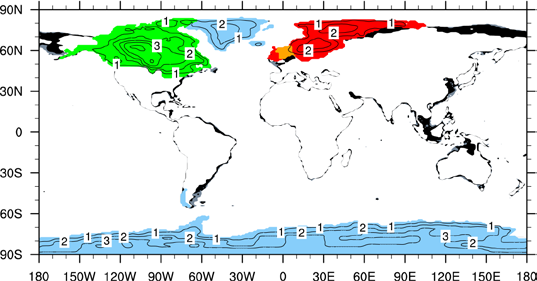 Figure 1: LGM ice sheet extent (all colored areas) and thickness (contours, interval 1 km), and additional land areas in MW (black) and LGM (black and gray).