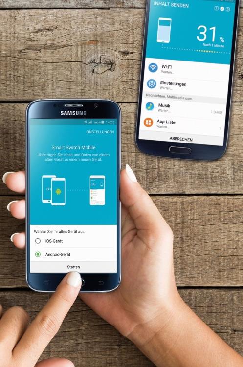 Content Smart Switch NEUES SMARTPHONE, UNKOMPLIZIERTER DATENUMZUG SCHNELL UND EINFACH Mit Samsung Smart Switch ziehen Sie im Handumdrehen von einem kompatiblen Android - oder ios -Gerät zu einem