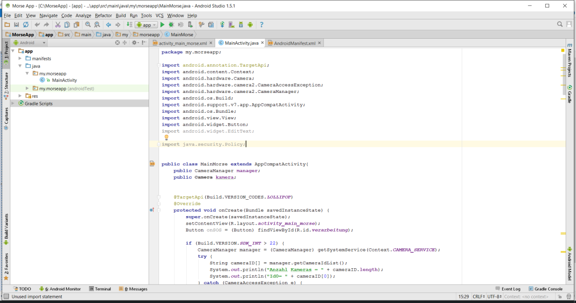5. Die Programmierung Wechseln Sie nun, um mit der Programmierung beginnen zu können, bitte in die MainActivity.java. Sie finden diese unter Project/java/my.morseapp/MainActivity.